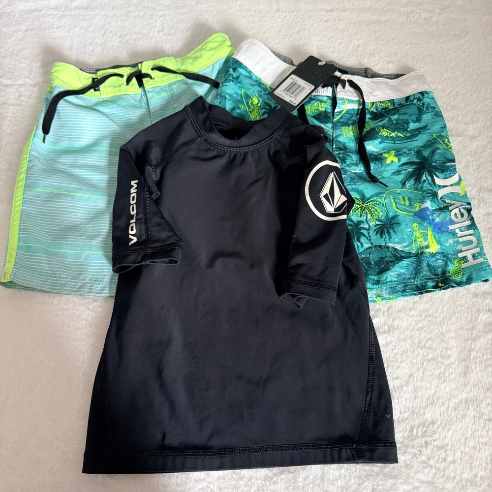 Hurley Volcom Swim Set Boys 5 Black Blue Green Board Shorts Rash Guard 3pc Lot